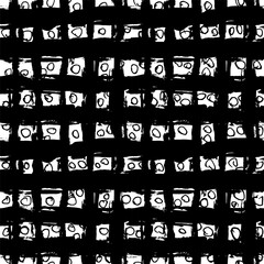 Hand Drawn Dry Brush Grid Seamless Pattern with Small Circles.