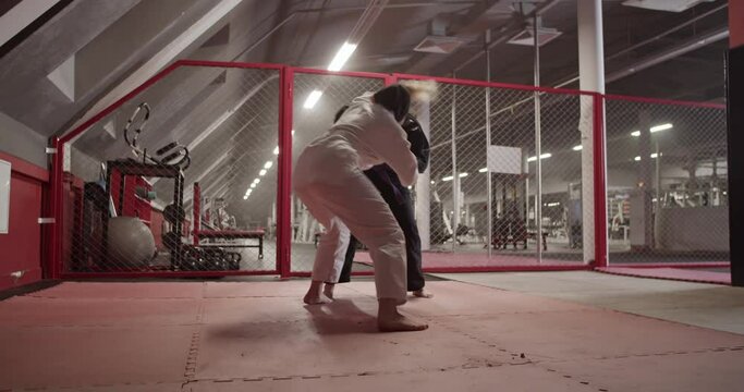 Diverse female wrestlers trying to perform takedown