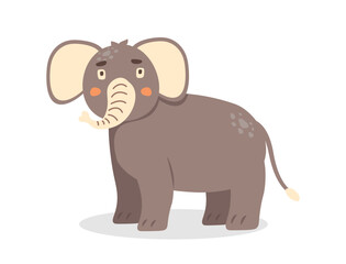 Cute baby grey elephant standing with raising up trunk. Funny happy huge african animal character. Colored flat vector illustration isolated on white. Herbivorous mammal animal. Fauna of savanna.