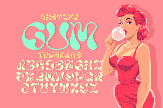 Vector font set with pin-up woman vintage illustration. Smooth letters in shape of chewing gum.