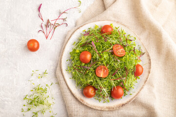 Vegetarian vegetables salad of tomatoes, celery, onion microgreen on gray concrete Top view, close up.
