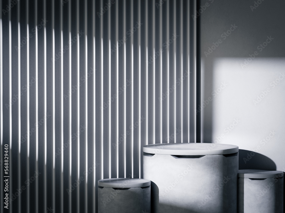 Poster 3d empty cylinder pedestal podium with natural light shadow overlay minimal scene for product displa