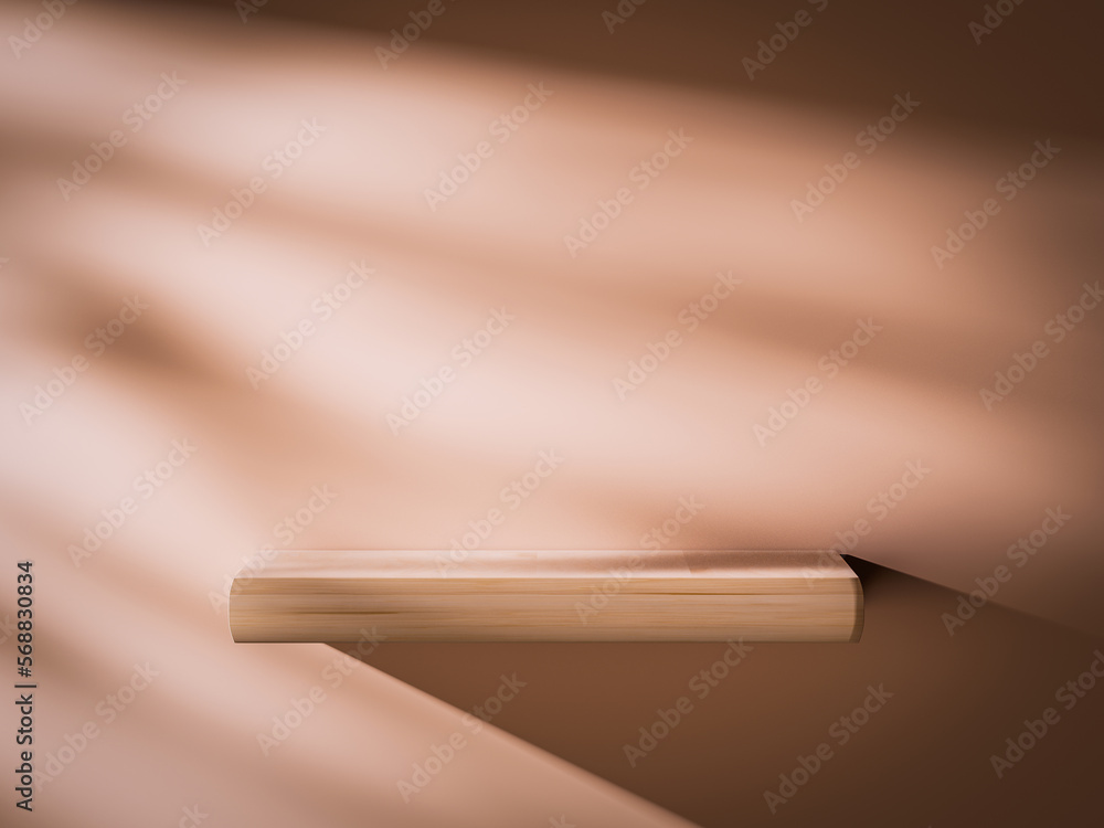 Poster 3d empty wood shelf mock up on wall with realistic shadow overlay. product backdrop with natural lig