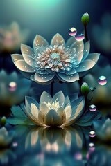 Close up abstract beautiful lotus flowers on water surface with reflection and drops on lily petals. Aquatic plant. Generative AI