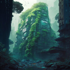 City made of nature from the cyberpunk future