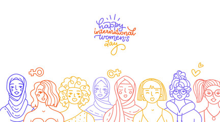 International Women's Day horizontal greeting banner. Abstract woman portrait different nationalities. Girl power, struggle for equality, feminism, sisterhood concept. Linear Vector design.