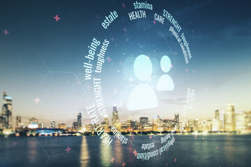 Abstract virtual people icons hologram on Chicago cityscape background, life and health insurance concept. Multi exposure