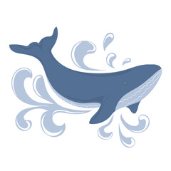 Blue whale swimming in water. Marine dweller. Concept of sea and ocean life. Vector illustration