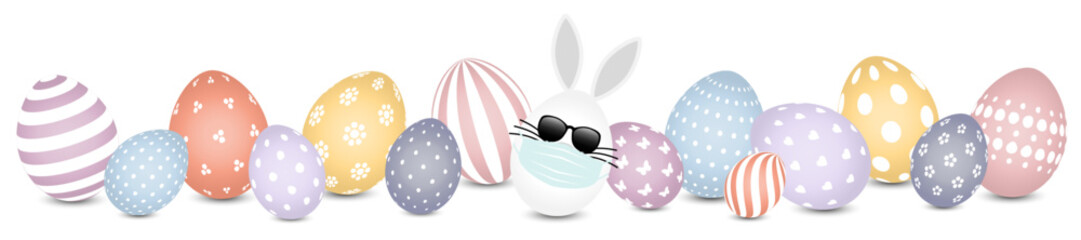Weißes Hasenei Maske Sonnenbrille Und Ostereier Muster Banner Bunt