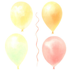 Watercolor set with pastel colors balloons, isolated on transparent background. Yellow, red, orange holiday elements