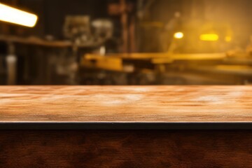 High-Resolution Mock-Up Image of an Empty Wooden Workbench Table on a Garage Worskshop Background, Ideal for Displaying Your Designs in a Realistic Setting - obrazy, fototapety, plakaty