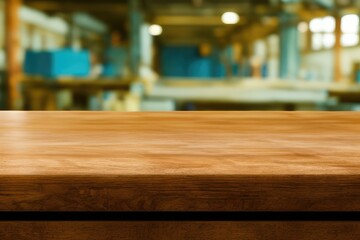 High-Resolution Mock-Up Image of an Empty Wooden Workbench Table on a Garage Worskshop Background, Ideal for Displaying Your Designs in a Realistic Setting