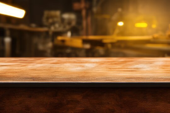 High-Resolution Mock-Up Image of an Empty Wooden Workbench Table on a Garage Worskshop Background, Ideal for Displaying Your Designs in a Realistic Setting