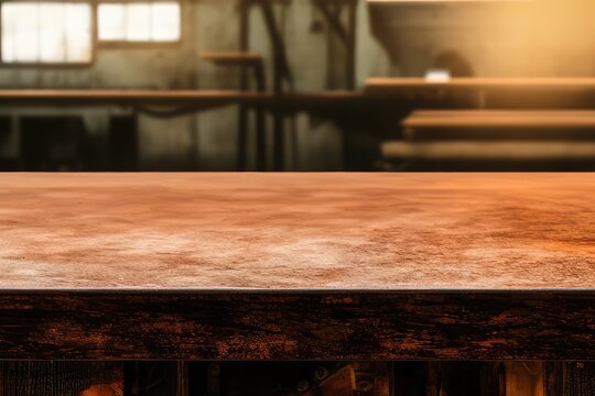 High-Resolution Mock-Up Image of an Empty Wooden Workbench Table on a Garage Worskshop Background, Ideal for Displaying Your Designs in a Realistic Setting