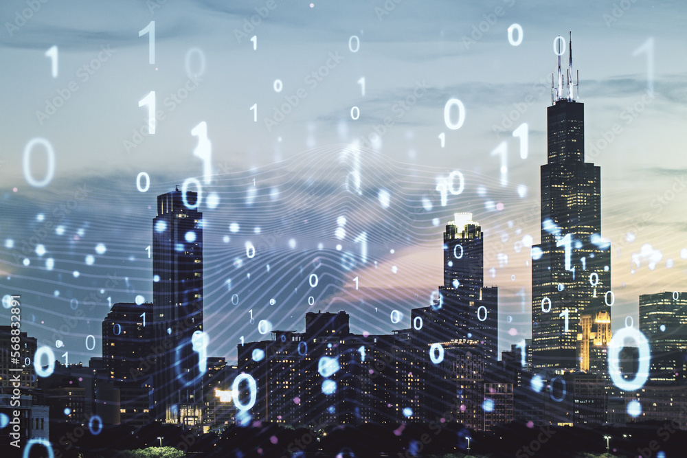 Aufkleber Abstract virtual binary code illustration on Chicago skyline background. Big data and coding concept. Multiexposure
