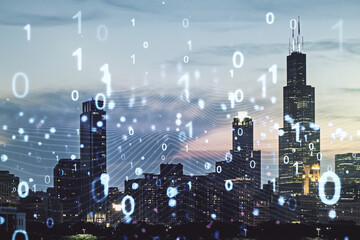 Abstract virtual binary code illustration on Chicago skyline background. Big data and coding concept. Multiexposure