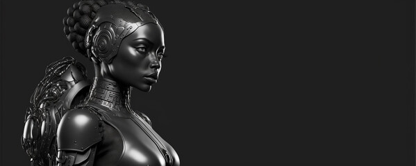 Robot woman on black background. Created with generative Ai technology.