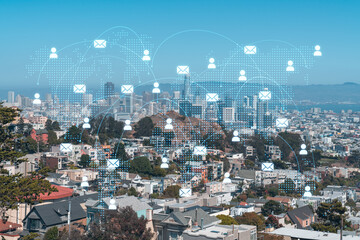 Panoramic view of San Francisco skyline at daytime from hill side. Financial District, residential neighborhoods. Social media hologram. Concept of networking and establishing new people connections