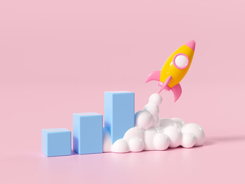 3D Rocket launch above bar chart, growing income, startup business, Business target achievement concept.3d render illustration