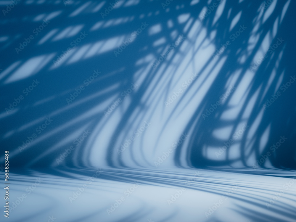 Poster 3d abstract blue room with realistic palm leaf shadow overlay. minimal scene for product display pre