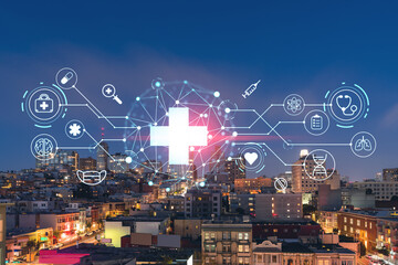 Plakat Roof top panoramic city view of San Francisco at night time, midtown skyline, California, United States. Health care digital medicine hologram. The concept of treatment and disease prevention