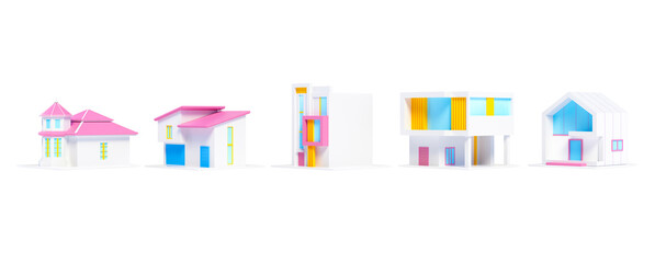 3d Types of modern houses on white background. home icon, office, condominium. 3d render illustration