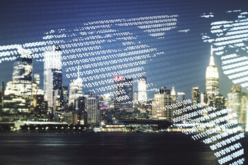Digital map of North America hologram on New York cityscape background, global technology concept. Multiexposure