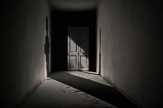 Empty night dark room and moonlight through the window, dark corridor with sun rays. AI