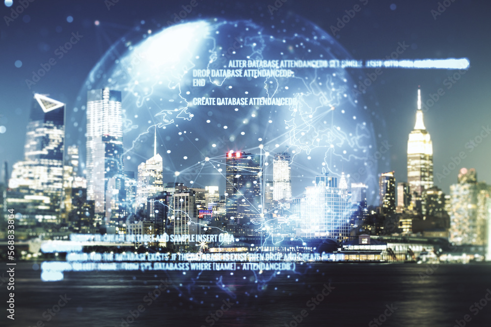 Aufkleber multi exposure of abstract programming language hologram and world map on manhattan office buildings