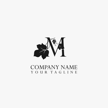 Letter M vector stock logo, abstract grape vector template. Illustration design of elegant logotype vine store on isolated background.