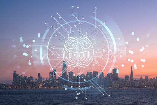 Skyline of San Francisco Panorama city view, Illuminated sunset from Treasure Island, California, United States. Artificial Intelligence, hologram. AI, machine learning, neural network, robotics