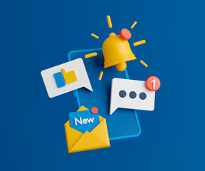 Notification on smartphone application concept. Mobile phone with bell, e-mail, chat icons on blue background. 3d render illustration.