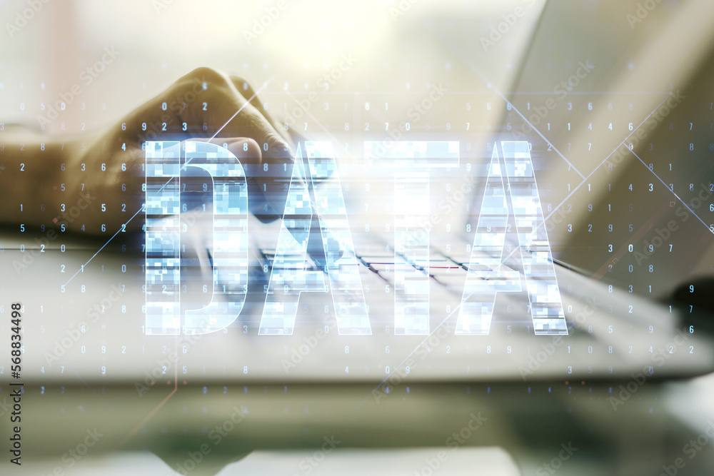 Fototapete creative data word hologram and hands typing on computer keyboard on background, big data and blockc