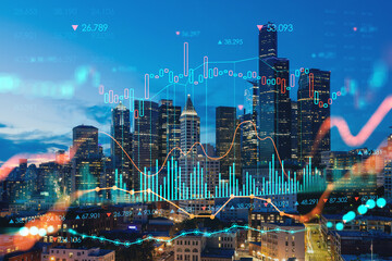 Obraz na płótnie Canvas Illuminated aerial cityscape of Seattle, downtown at night time, Washington, USA. Forex graph hologram. The concept of internet trading, brokerage and fundamental analysis