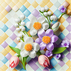 Spring flowers on checkered pattern illustration. Beautiful pastel floral design. 