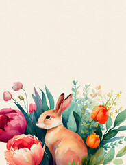 Retro watercolor painting card of rabbit vertical banner with copy space as illustration of Easter bunny hiding in flowers generative AI art	