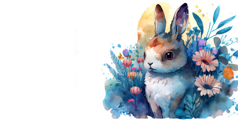 Watercolor painting of rabbit banner with copy space as illustration of Easter bunny hiding in flowers generative AI art