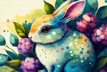 Watercolor painting of rabbit as illustration of Easter bunny hiding in hydrangea flowers generative AI art	