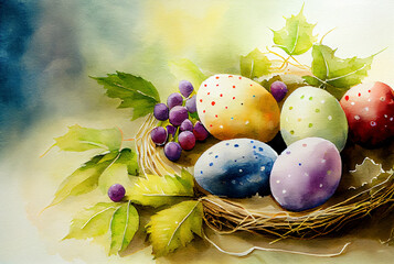 Vintage watercolor painting of Easter holiday bird nest with grapes and pained eggs generative AI art