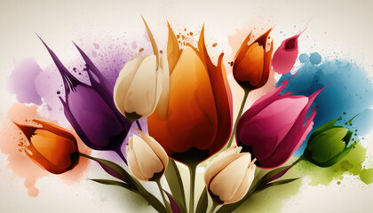Spring Tulips Water Color created with Generative AI Technology, ai, generative