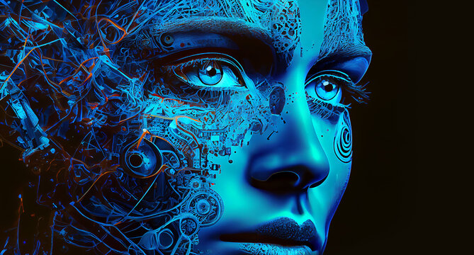 Generative AI painting. Close up portrait of android robot. Viw of face of female cyborg with artificial intelligence parts. Blue colors with black copy space.