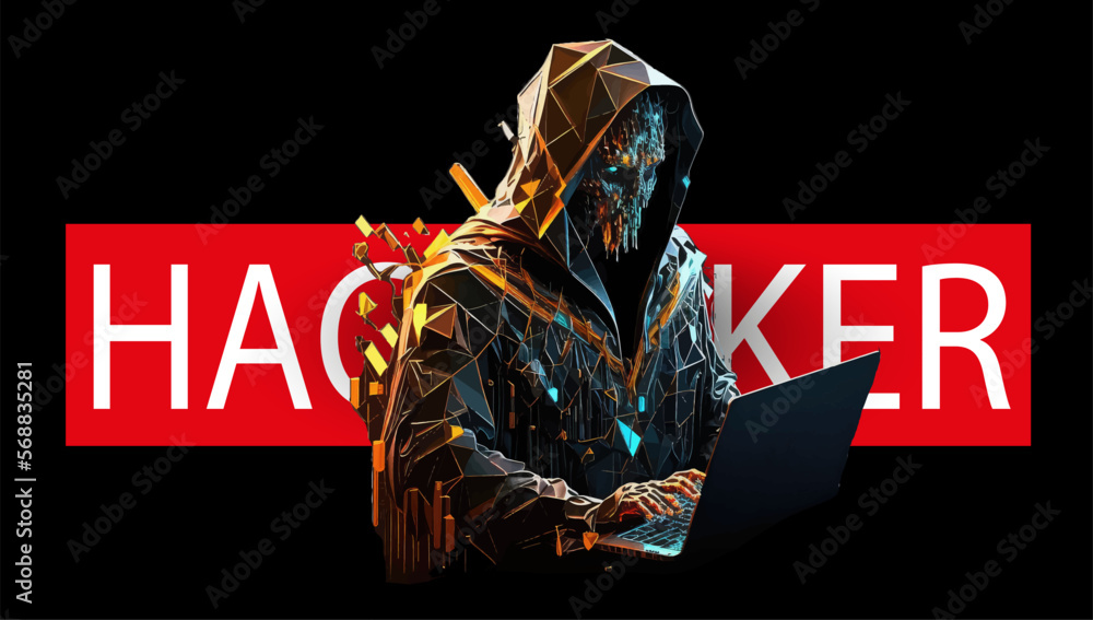 Poster Anonymous hacker at the laptop computer Internet security. Vector illustration