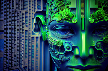 Generative AI painting. Close up portrait of android robot. Front face view of cyborg. Green and blue colors. Tech concept.