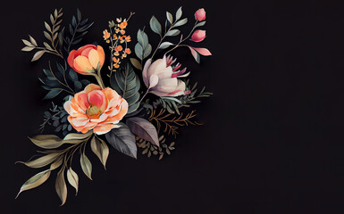 Vintage botanical illustration as copy space banner with painting of gentle flowers, buds and leaves in bouquet on black dark background generative AI art