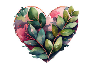 Romantic heart made of laurel tree twigs leaves in artistic muted watercolor painting style generative AI art