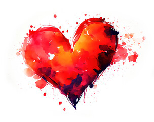 Red painted heart generative AI art Valentine watercolor illustration