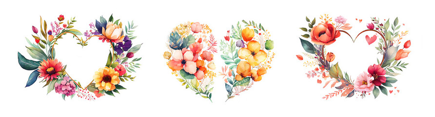 Set of romantic heart vignettes made of flowers and leaves of field flowers in watercolor sketch style painting generative AI art - 568835405