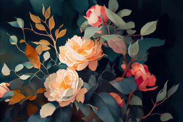 Botanical illustration as watercolor painting of red and orange rose flowers and leaves bouquet generative AI art