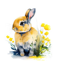 Watercolor painting of rabbit floral vignette as illustration of little Easter bunny sitting in yellow spring flowers generative AI art - 568835415