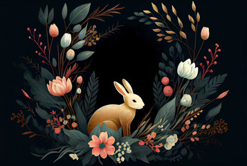 Painting of rabbit in floral vignette with copy space as illustration of Easter bunny on black background generative AI art